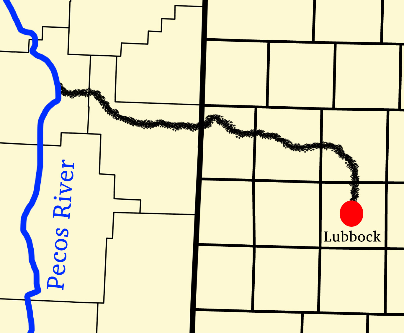 Map of Lubbock County showing Yellow House Draw, Blackwater Draw, and the site of the 1877 battle
