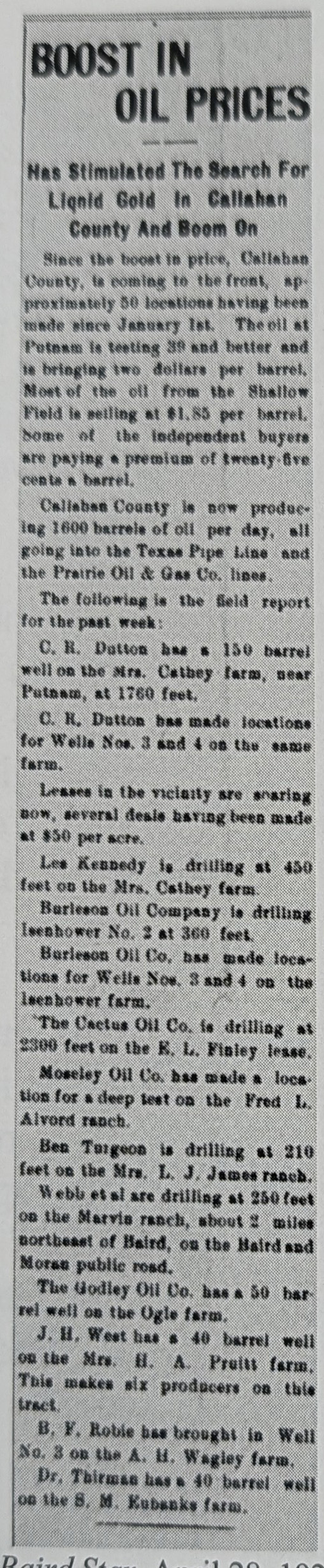A single-column newspaper clipping headed BOOST IN OIL PRICES, followed by a week-by-week field report listing operators, farms and drilling depths across Callahan County.
