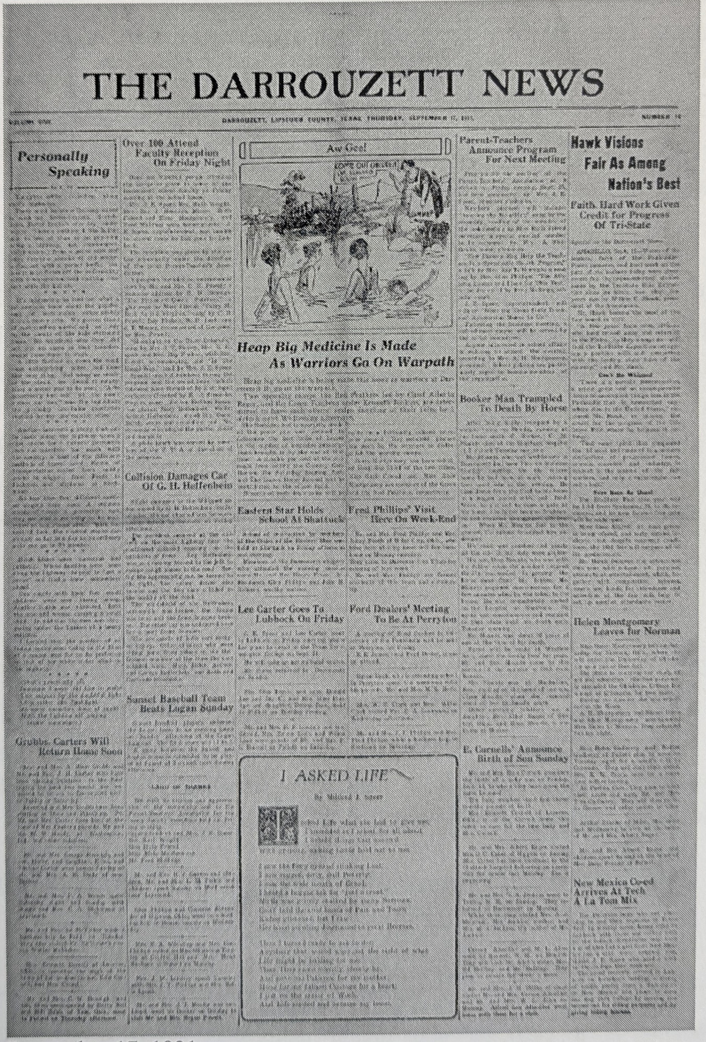 The full front page of a small-format weekly newspaper, seven columns of dense type under a wide nameplate reading THE DARROUZETT NEWS, with a cartoon at the top centre and a boxed poem at the foot of the third column.