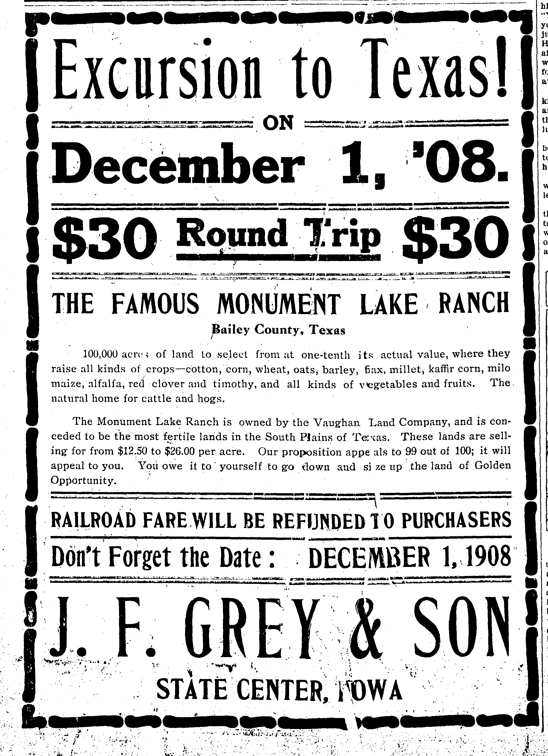 Sample advertisement for “Monument Lake Ranch” in Bailey County