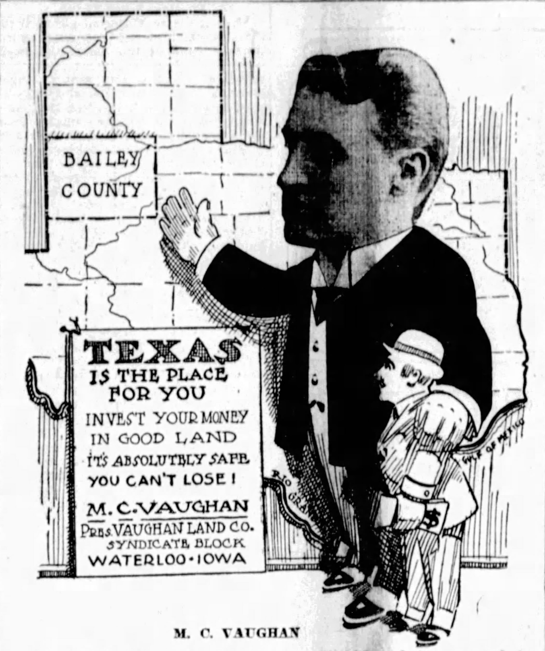 Vaughan Land Company advertisement with portrait of M.C. Vaughan