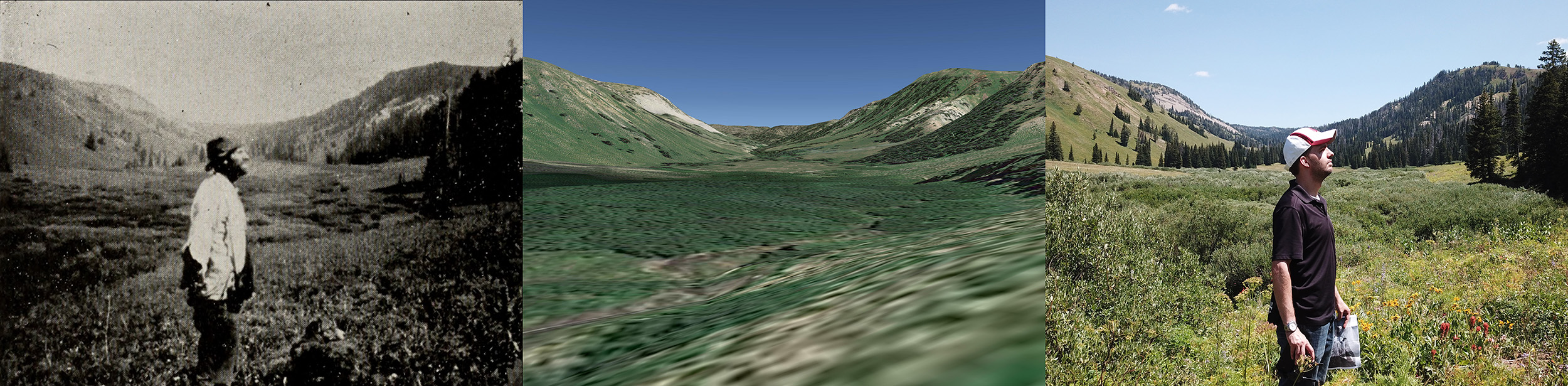 Side-by-side comparison of Brower’s photograph, Google Earth’s rendering, and a modern photograph