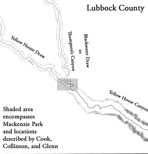 Map of Lubbock County showing Yellow House Draw, Blackwater Draw, Thompson's Canyon, and Yellow House Canyon, with the shaded area encompassing Mackenzie Park and the locations described by Cook, Collinson, and Glenn